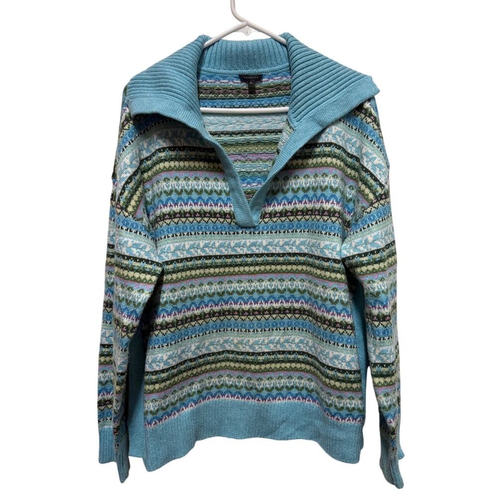 Talbots Johnny Collar Sweater Fireside Fair Isle Opal Blue Heather Soft Size XL